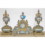 A late 19th century gilt metal and porcelain clock garniture, height 39cm. Condition - as found.