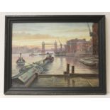 Steven Scholes (b1952), Tower Bridge from Wapping London 1958, oil on canvas, 59.5cm x 44cm,
