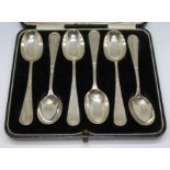 A cased set of six hallmarked silver teaspoons.