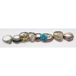 Ten assorted dress rings marked '925', various settings, gross weight 53.80g, size P.