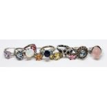 Ten assorted dress rings marked '925', various settings, gross weight 45.40g, size P/Q.
