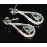 A pair of aquamarine and diamond drop earrings, marked '375', length25mm, gross weight 2.48g.