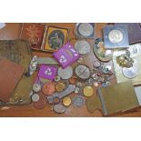 A mixed lot comprising coins, silver jewellery, jeweller's measures, miniature portrait prints, a