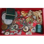 Assorted costume jewellery including a hallmarked silver bangle, jewellery boxes, coins etc.