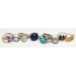 Ten assorted dress rings marked '925', various settings, gross weight 52.38g, size O/Q.