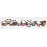Ten assorted dress rings marked '925', various settings, gross weight 48.47g, size P/Q.