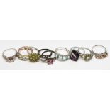 Nine assorted dress rings marked '925', various settings, gross weight 37.32g, size P.