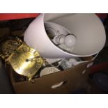 A box of misc including table lamps, brass clock, brassware, composite cat, vase, pottery, etc.