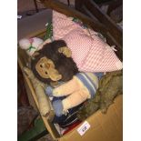 A box of soft toys including vintage teddy bear, etc.