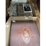 A box of signed Reveille Fan Club musical photos and a box of stamps, etc.