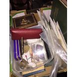 A box of mainly loose stamps, a Hohner harmonica, fossils, agate, wooden box, etc.