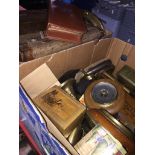 2 boxes including brass candlesticks, treen, vintage tins, barometer, vintage cases, grooming