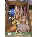 A box of mainly treen, collectables and a terracotta figure of King Edward the 7th