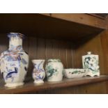 Masons Ironstone items - 2 vases in Cathay design and 3 Chartreuse items