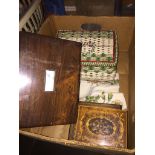 A box containing treen and wicker casket