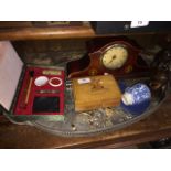 A galleried plated tray, a carved wooden African figure, a musical box, some costume jewellery,