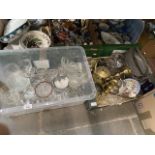 Box of glassware and a box of brassware