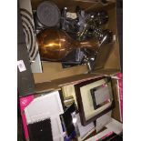 A box of picture frames and 1 box of kitchen items including weighing scales and copper jug, etc.