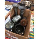 A box of mainly pewter items.