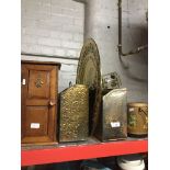 2 brass magazine holders, brass plater, small wooden cupboard and metal garden plant stand