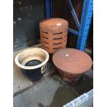 A Chinese planter, 1 terracotta chimney pot and a terracotta chimney cover.