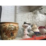 Glass lampshades, large Oriental bowl, Oriental vases, brass wall lights with glass shades,