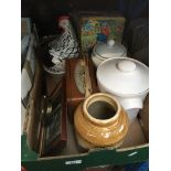 A box of misc. including a hen tureen, a Roberts Radio, kitchen pottery etc.