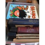 A box of books including Beano annuals, prayer books, old maps etc.