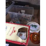 A box of ornaments including Royal Doulton Bunnykins, Wade, Whitefriars etc.