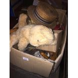A box of misc including metalware, glass bowl, soft toy, shoe trees, pottery Dutch houses, etc.
