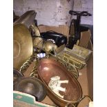 A box including brassware, a vintage telephone, scales etc.