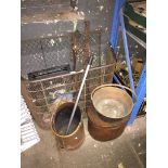 Assorted metalware including fireguards, jam pan, coal bucket, bells