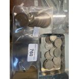 Small tin of sixpenses and bag of copper coins