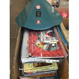 A box of automobilia, motorcycle brochures, programmes, Jaguar lampshade