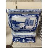 A blue and white repro. oriental planter on stand