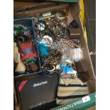 A box of collectables and costume jewellery.