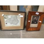 Small map of Durham and a maple framed portriat print