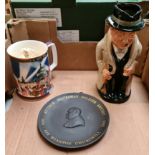 Winston Churchill items - Wedgwood basalt centenary plate, and large Doulton Toby jug D6171 together