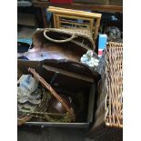 Two boxes of miscellaneous items, metalware, copper items, woodenware glass etc and a picnic hamper