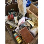 A box of collectables, metalware, pottery, compacts etc.