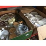 A box of cups, saucers, bowls and a box of misc pottery, kilner jars, kitchen storage jars, etc.