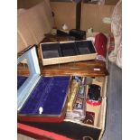 A box of miscellaneous including star trek cards, cuff links, darts with case, jewellery and empty