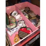 2 trays of collectables including vintage paperweights compacts cigarette packet fronts.