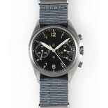 A GENTLEMAN'S STAINLESS STEEL BRITISH MILITARY CWC RAF PILOTS CHRONOGRAPH WRIST WATCH DATED 1974,