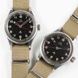 A SET OF TWO VERY RARE GENTLEMAN'S STAINLESS STEEL BRITISH MILITARY OMEGA RAF PILOTS WRIST WATCHES