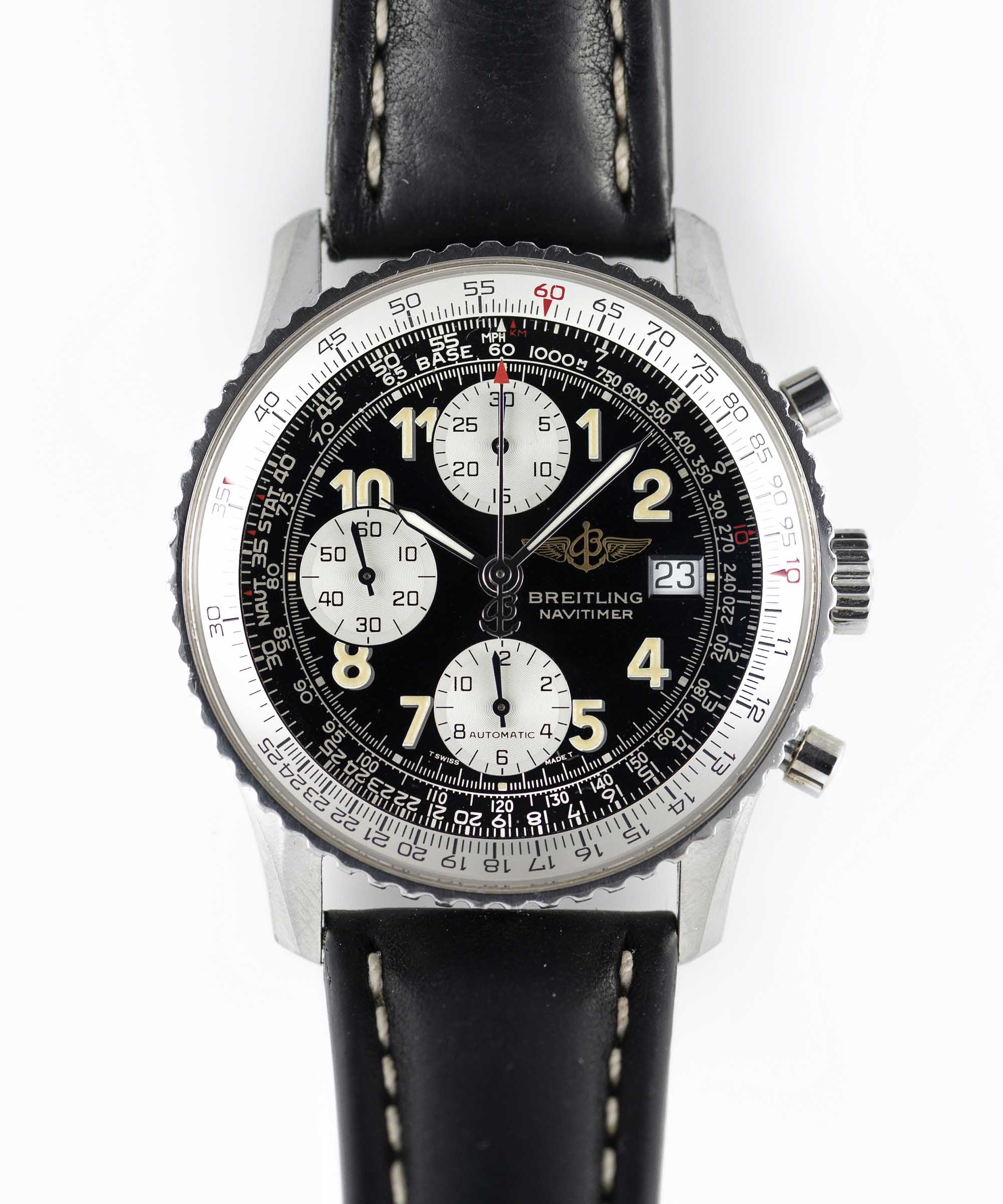 A GENTLEMAN'S STAINLESS STEEL BREITLING NAVITIMER AUTOMATIC CHRONOGRAPH WRIST WATCH CIRCA 1990s,