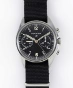 A RARE GENTLEMAN'S STAINLESS STEEL BRITISH MILITARY NEWMARK RAF PILOTS CHRONOGRAPH WRIST WATCH DATED