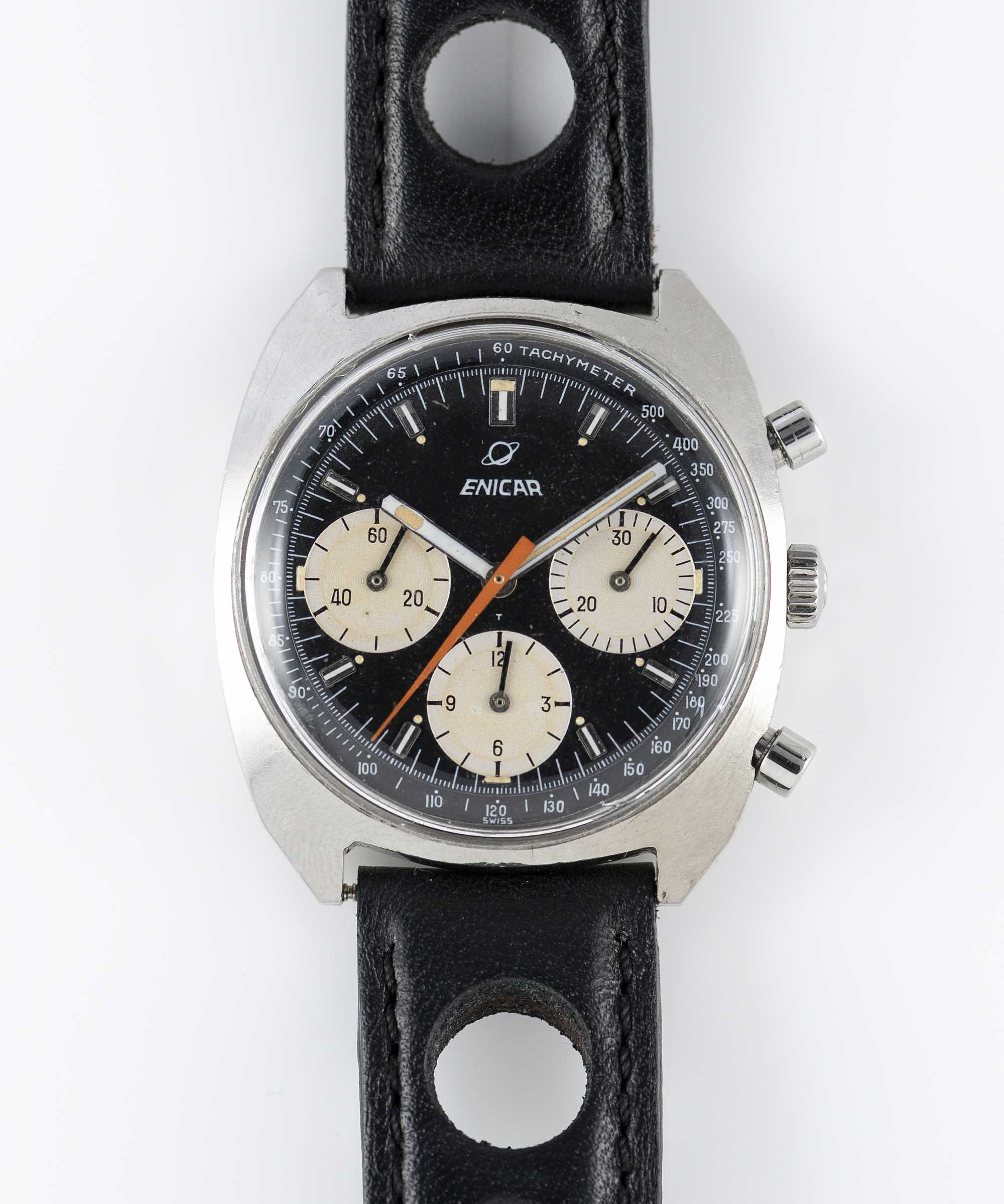 A GENTLEMAN'S STAINLESS STEEL ENICAR CHRONOGRAPH WRIST WATCH CIRCA 1970s, REF. 072-01-03 WITH "