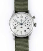 STAINLESS STEEL BRITISH MILITARY LEMANIA SINGLE BUTTON ROYAL NAVY CHRONOGRAPH WRIST WATCH FIRST