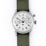 STAINLESS STEEL BRITISH MILITARY LEMANIA SINGLE BUTTON ROYAL NAVY CHRONOGRAPH WRIST WATCH FIRST